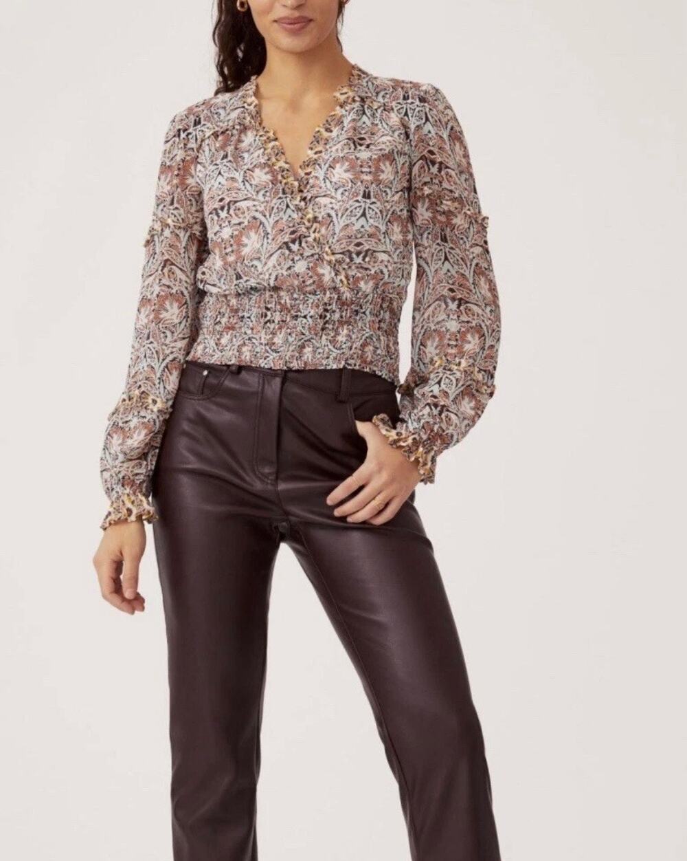 Anthropologie Paisley Print Boho Chic Billow Sleeve Ruffle Blouse sz L